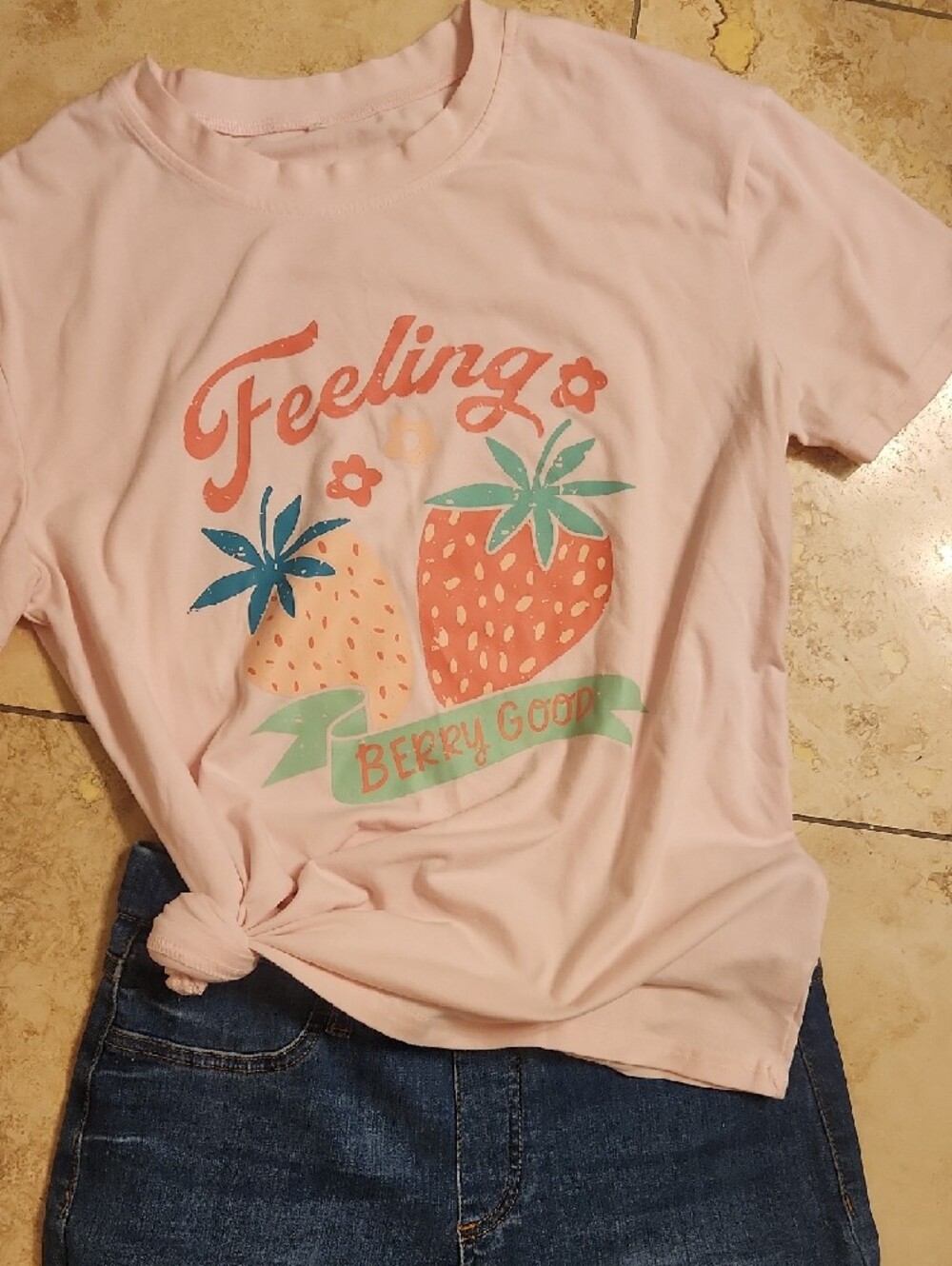 Judy Blue Boyfriend Jeans w/ Pink Graphic 'Feeling' Strawberry Tee